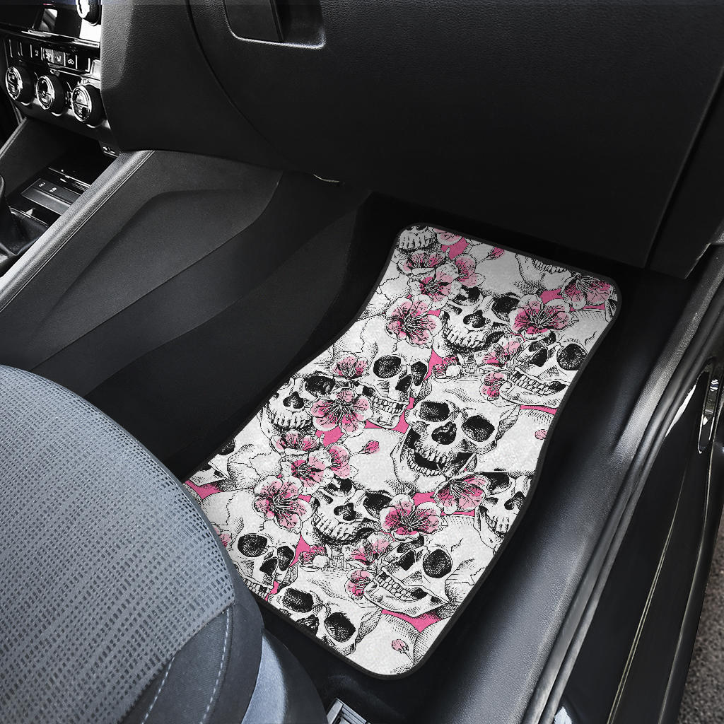 Pink Flowers Skull Pattern Print Front And Back Car Floor Mats/ Front Car Mat