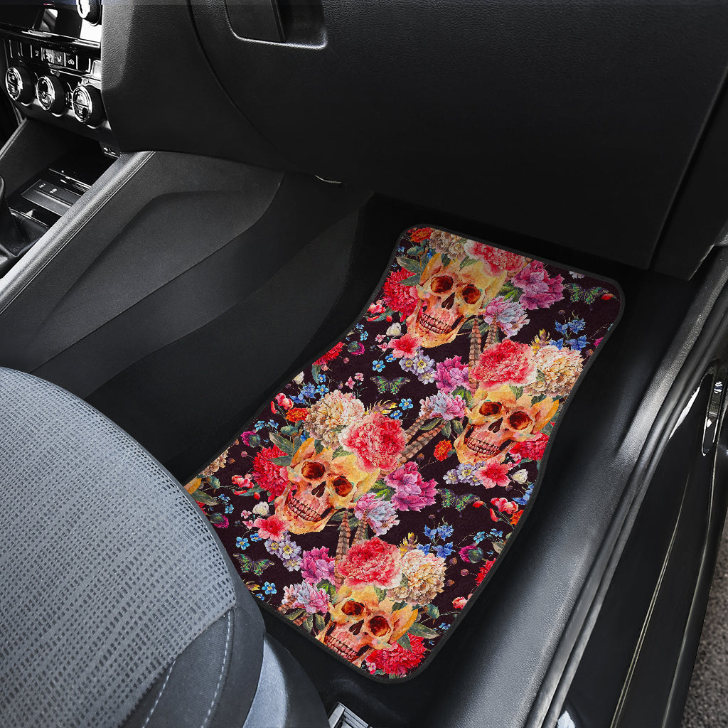 Blossom Peony Skull Pattern Print Front And Back Car Floor Mats/ Front Car Mat