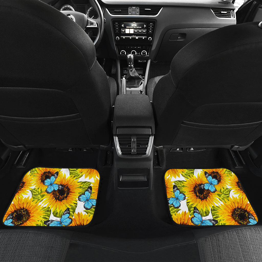 Blue Butterfly Sunflower Pattern Print Front And Back Car Floor Mats/ Front Car Mat