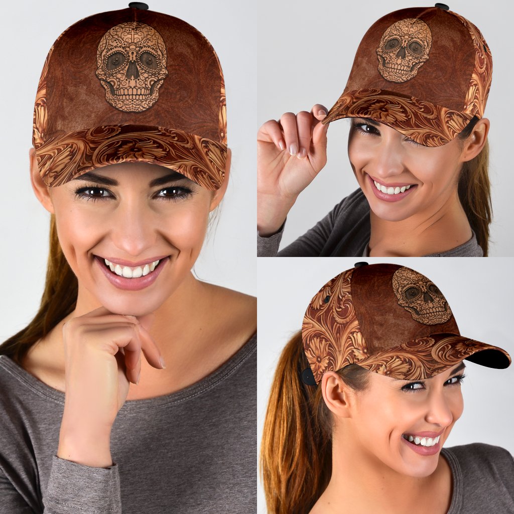 3D Skull Classic Cap Hat Brown Leather Pattern Skull On Cap Hat For Him Her