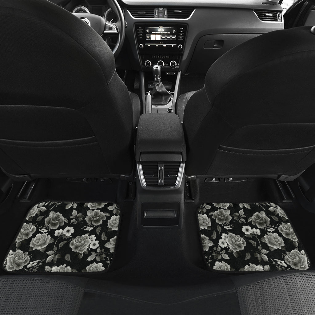 Monochrome Rose Floral Pattern Print Front And Back Car Floor Mats/ Front Car Mat