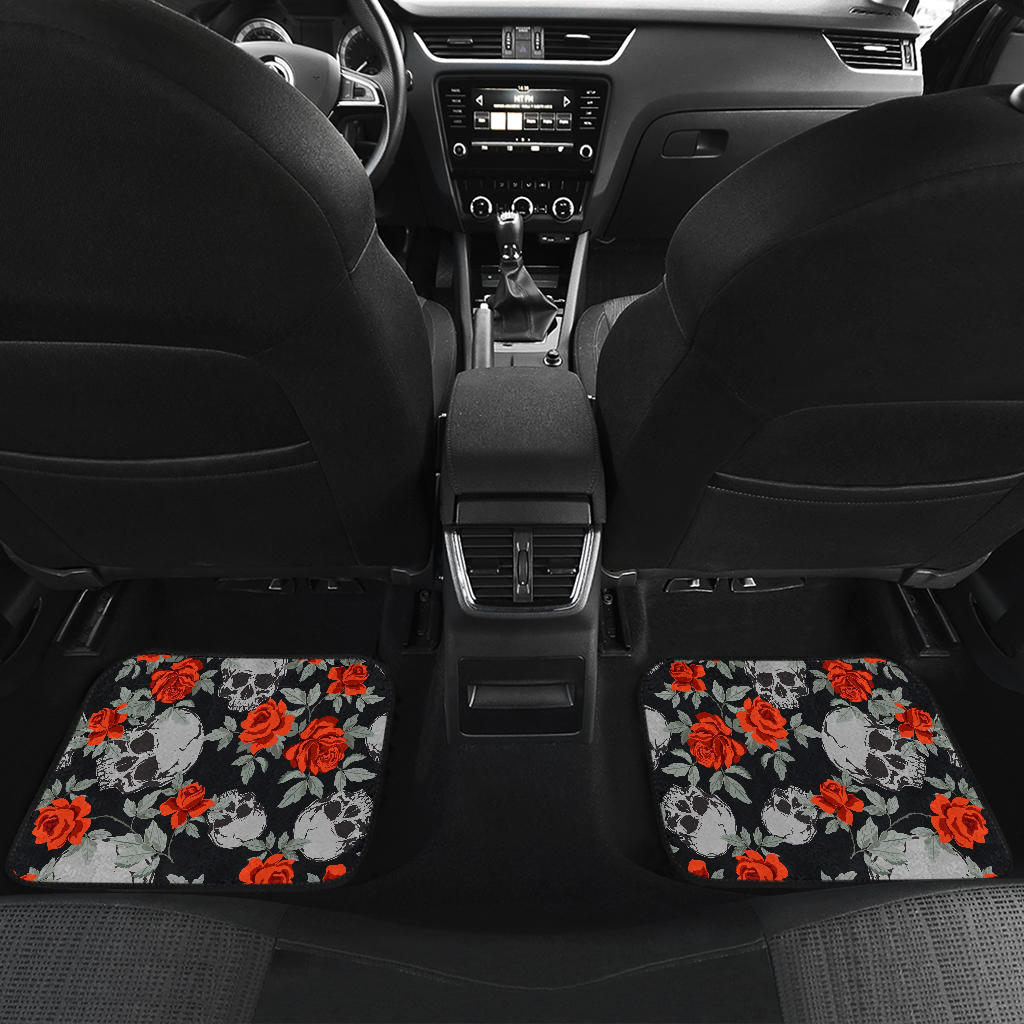 Red Rose Grey Skull Pattern Print Front And Back Car Floor Mats/ Front Car Mat