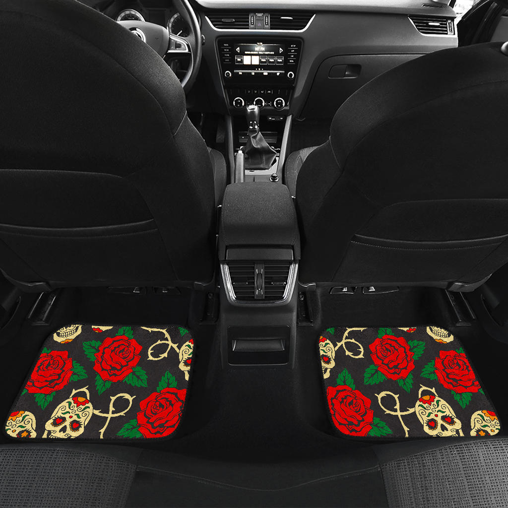 Rose Flower Sugar Skull Pattern Print Front And Back Car Floor Mats/ Front Car Mat