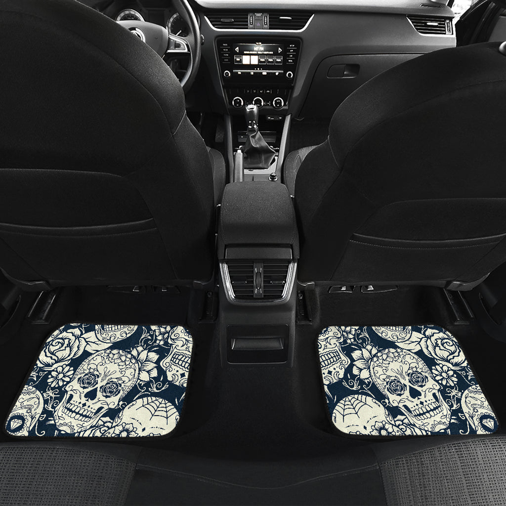 White Floral Sugar Skull Pattern Print Front And Back Car Floor Mats/ Front Car Mat