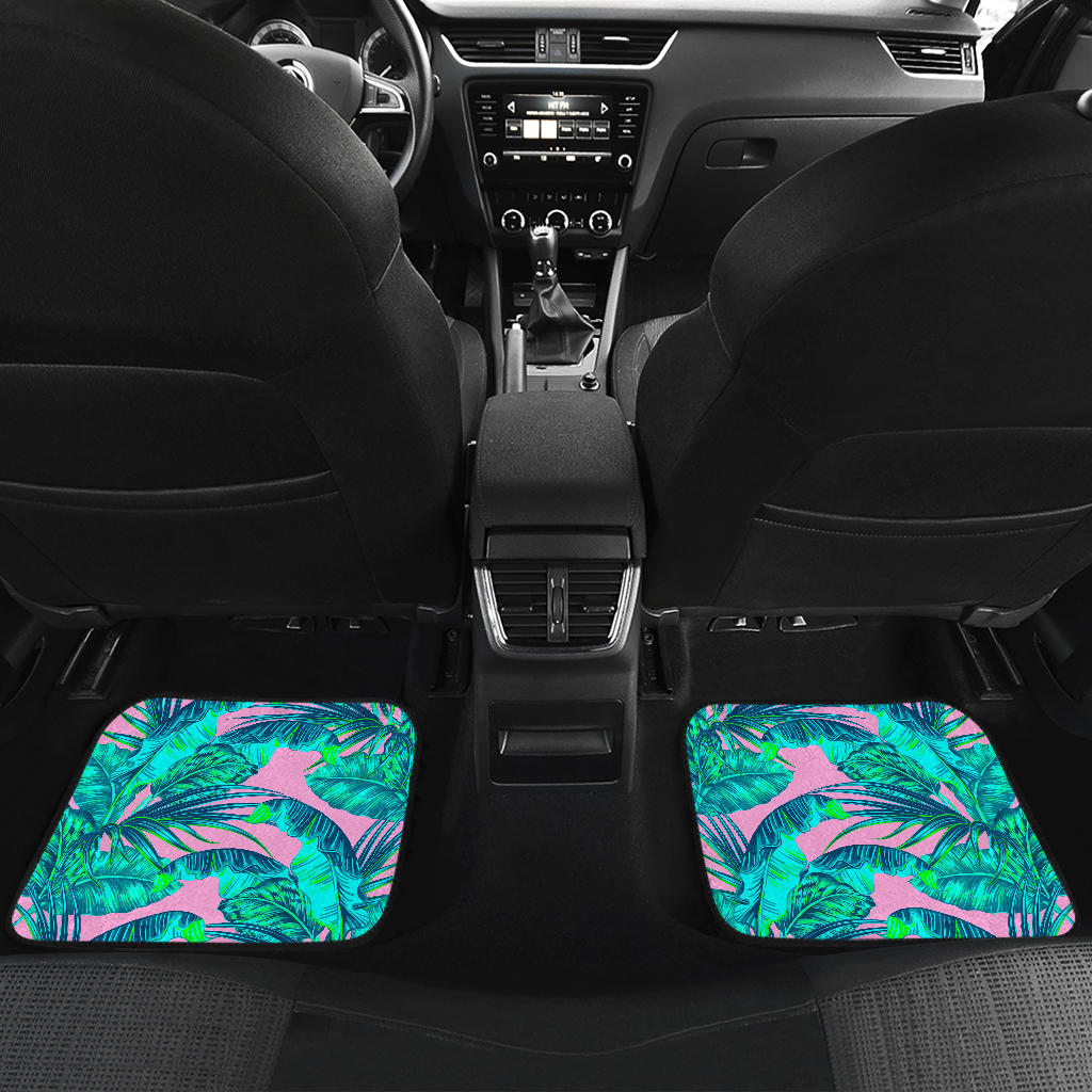 Pink Teal Tropical Leaf Pattern Print Front And Back Car Floor Mats/ Front Car Mat