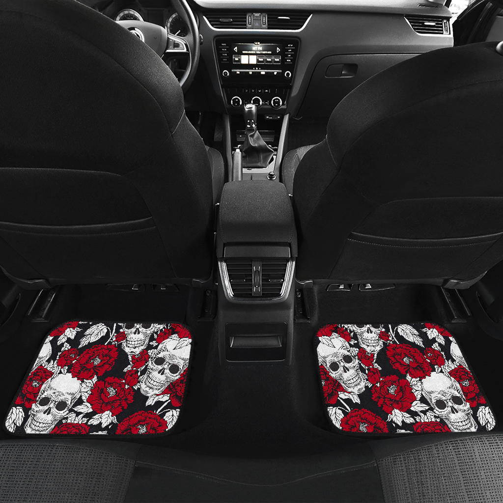Red Peony Skull Pattern Print Front And Back Car Floor Mats/ Front Car Mat