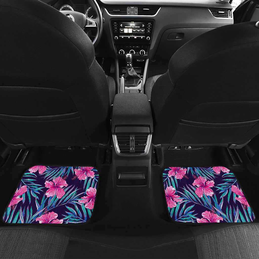 Teal Tropical Hibiscus Pattern Print Front And Back Car Floor Mats/ Front Car Mat
