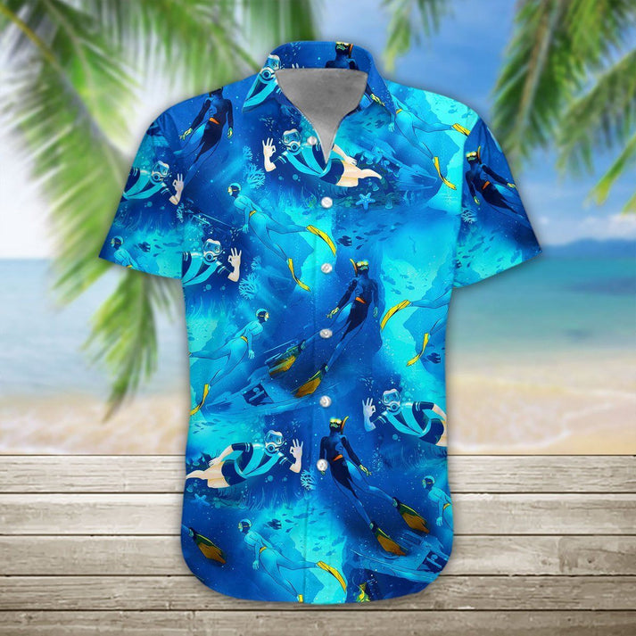 3D Freediving Hawaii Shirt/ Hawaiian Shirts for Men Short Sleeve Aloha Beach Shirt