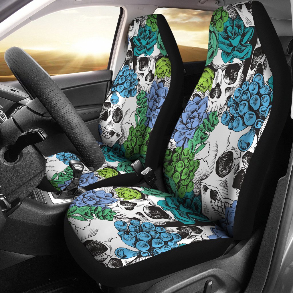 Green Blue Flowers Skull Pattern Print Universal Fit Car Seat Covers