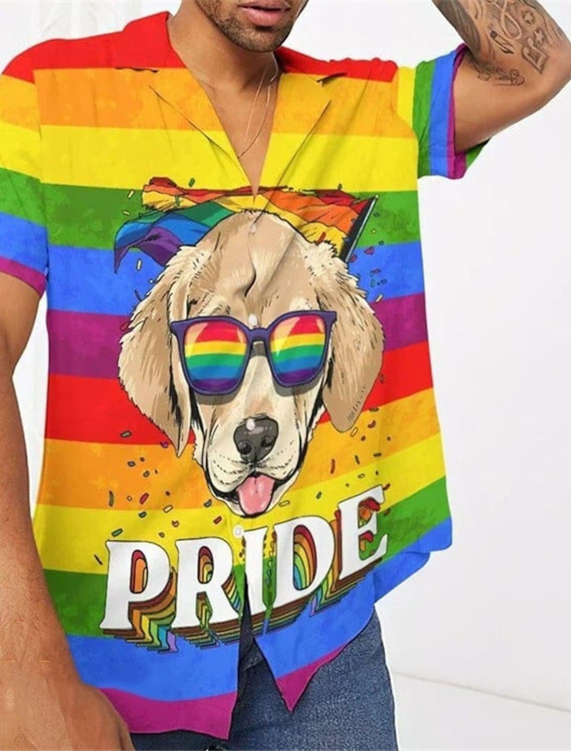 Summer hawaiian Shirt Rainbow Dog Striped Graphic Prints Pride Turn-Down Collar Rainbow Casual Going Out Short Sleeve Button-Down Printed Clothing