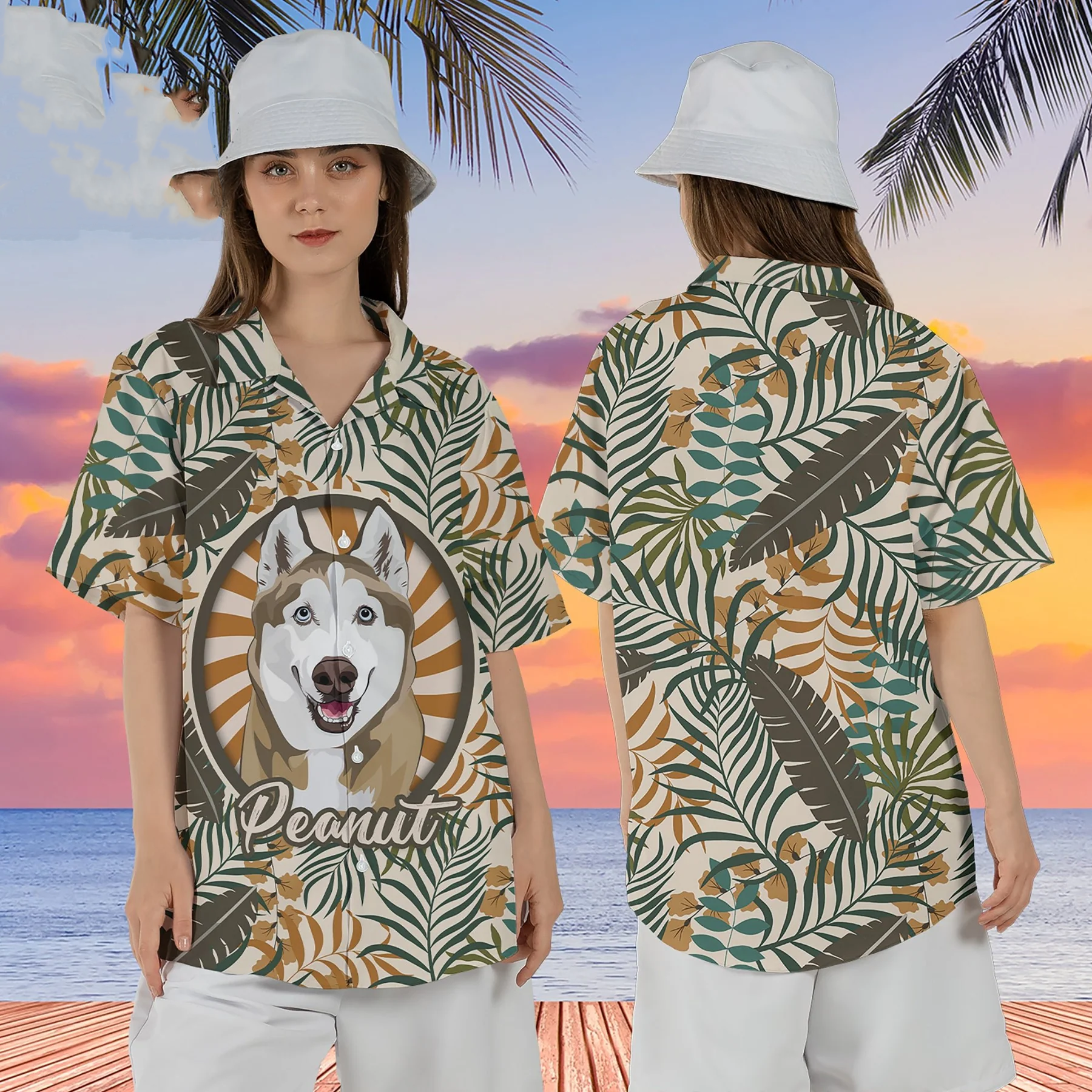 Hawaiian Shirt with Dog Face Hand-Painted/ Tropical T- Shirt Mens/ Custom Print Hawaiian Shirt