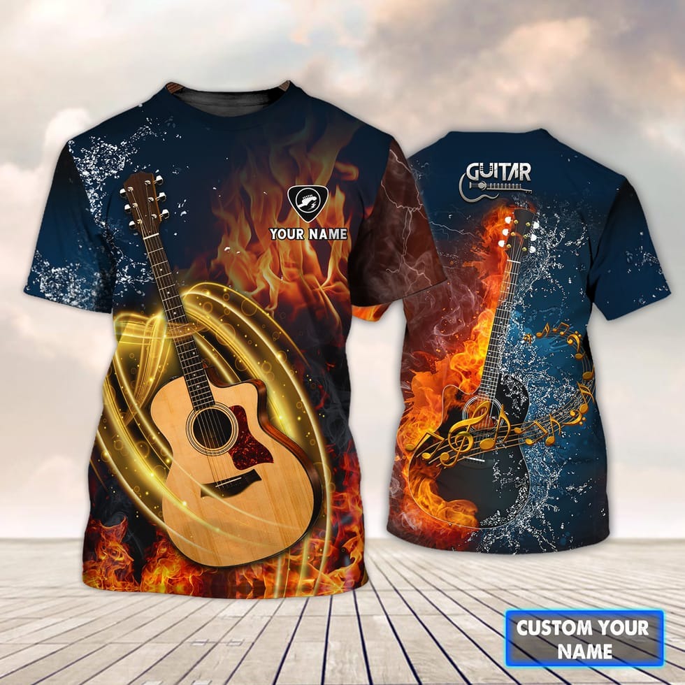 Personalized Acoustic Guitar Water And Fire 3D Tshirt/ Guitar Shirts