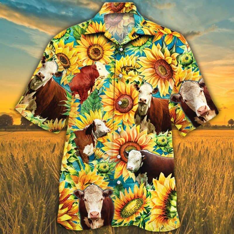 Sunflower Hereford Cattle Hawaiian Shirt