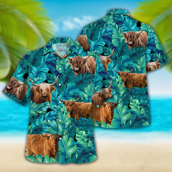 Highland Cattle Lovers Hawaiian Shirt/ Animal Hawaiian shirt vintage flower/ Short Sleeve Hawaiian Aloha Shirt for men/ Women