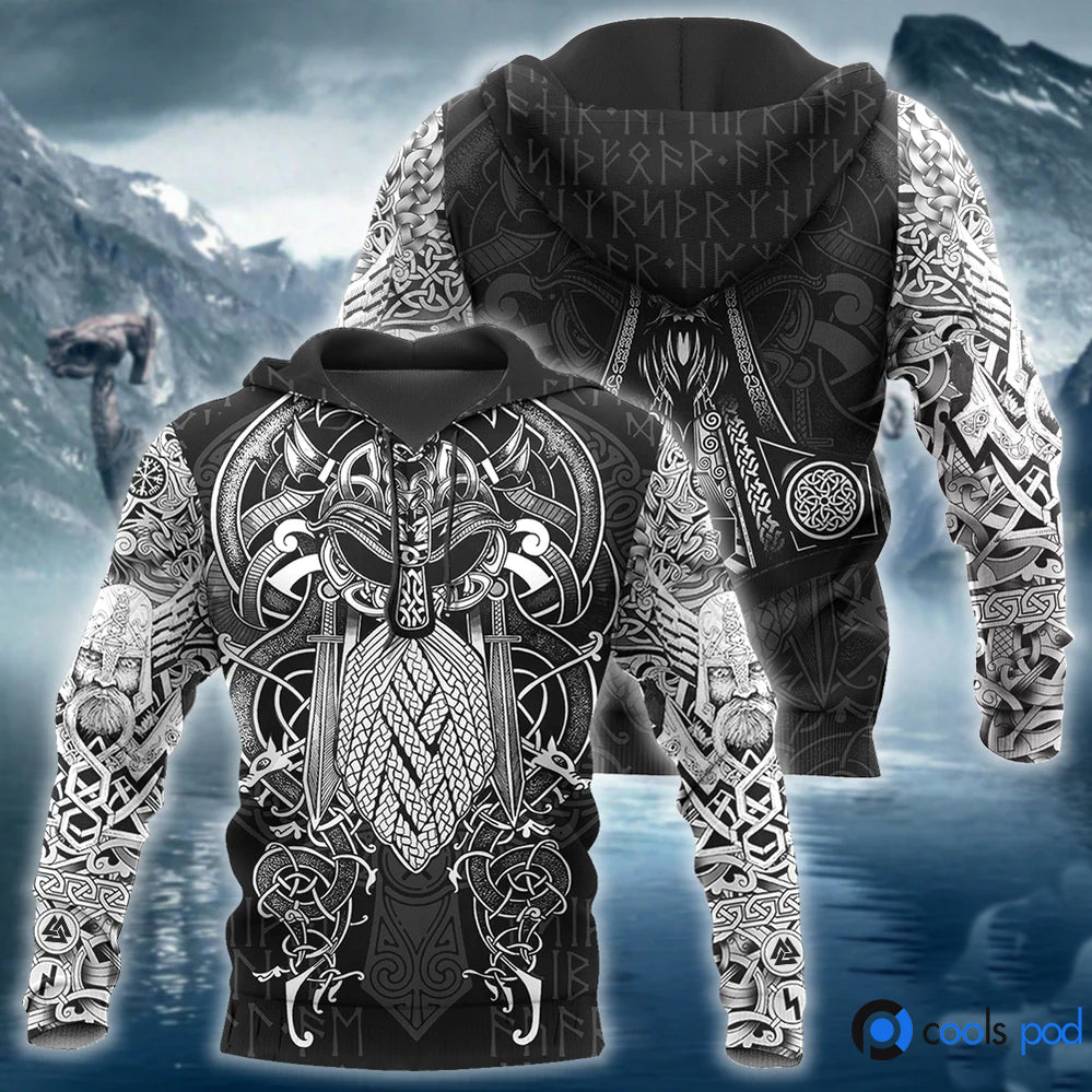 3D All Over Printed Vikings Odin Hoodie Black And White Viking Hoodie For Men Women