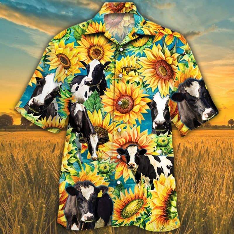 Sunflower Holstein Friesian Cattle Hawaiian Shirt