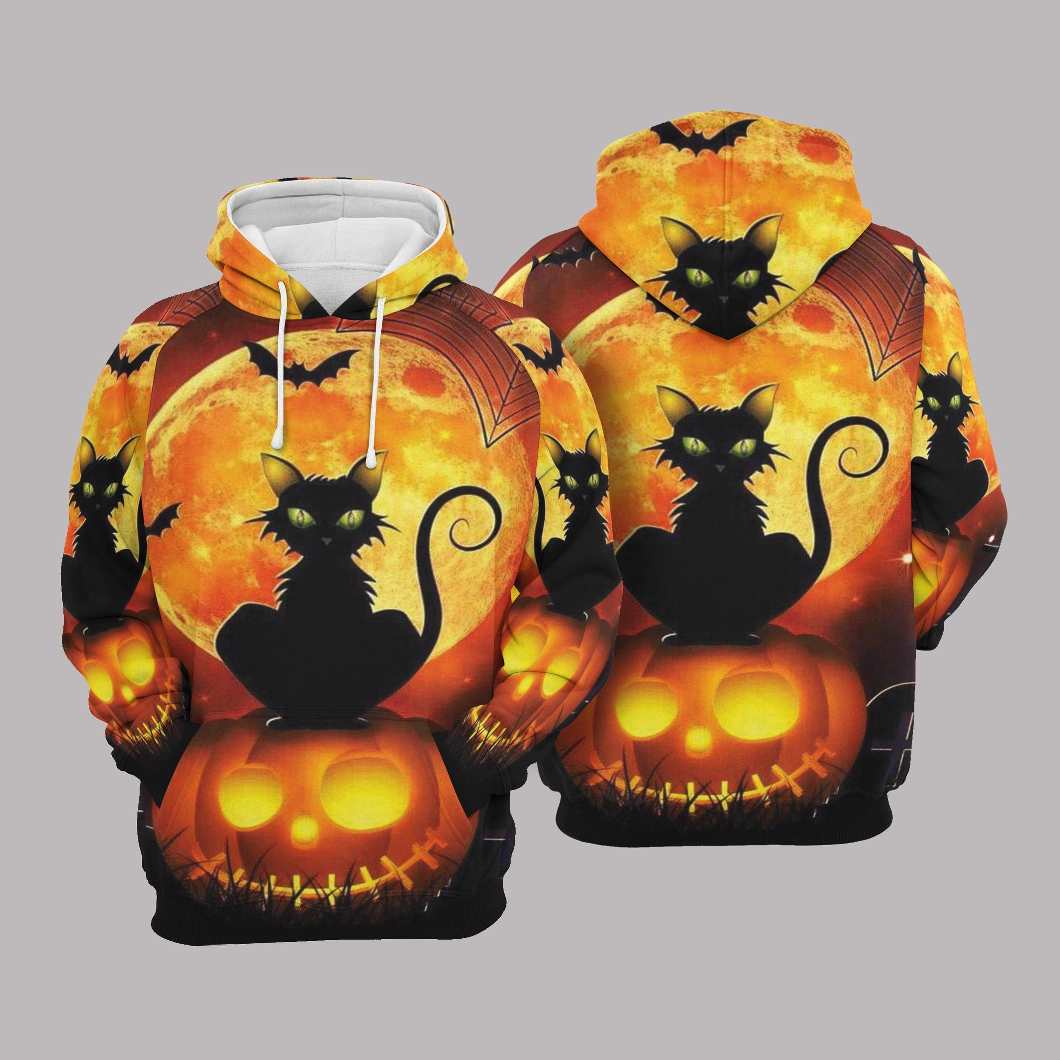 Black Cat Sit On Pumpkin 3D All Over Print Hoodies/ Premium Hoodie For Halloween 2022