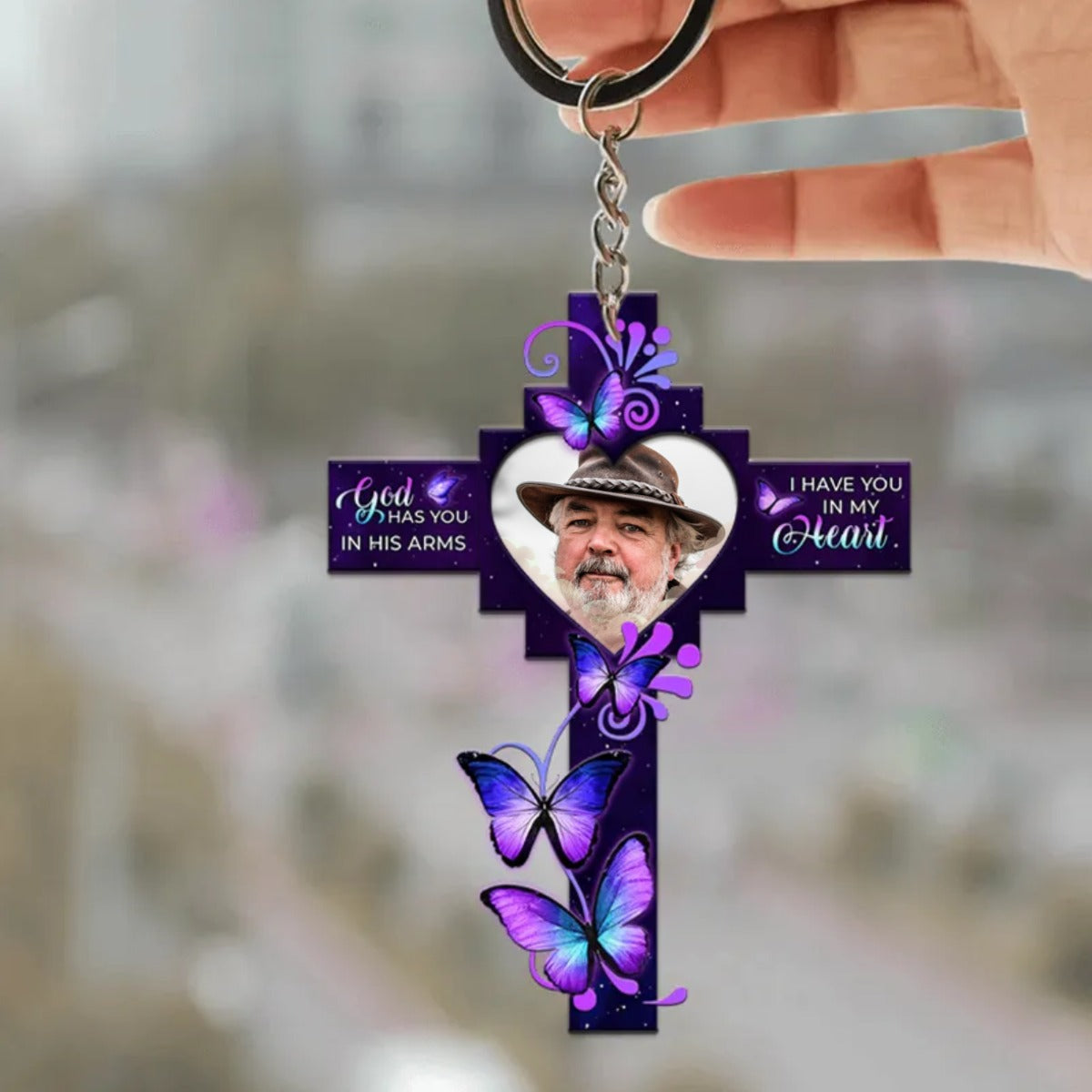 Personalized God has you in his arms Memorial Gift Butterfly Cross Keychain
