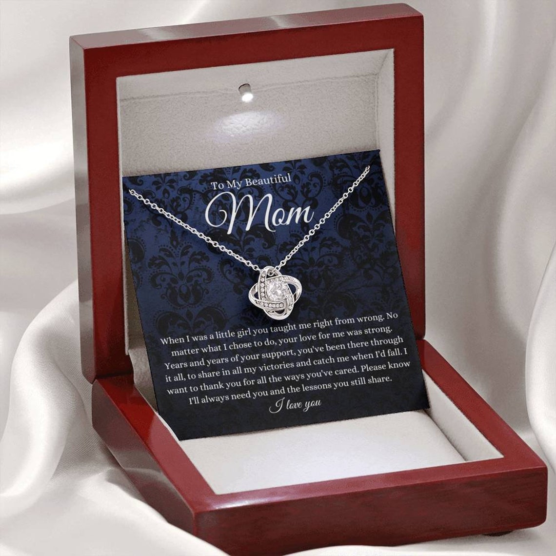 Love Knot/ To Mom From Daughter Message Card Necklace/ Mom Birthday Jewelry To Mom From Daughter Gifts/ Mom Mother