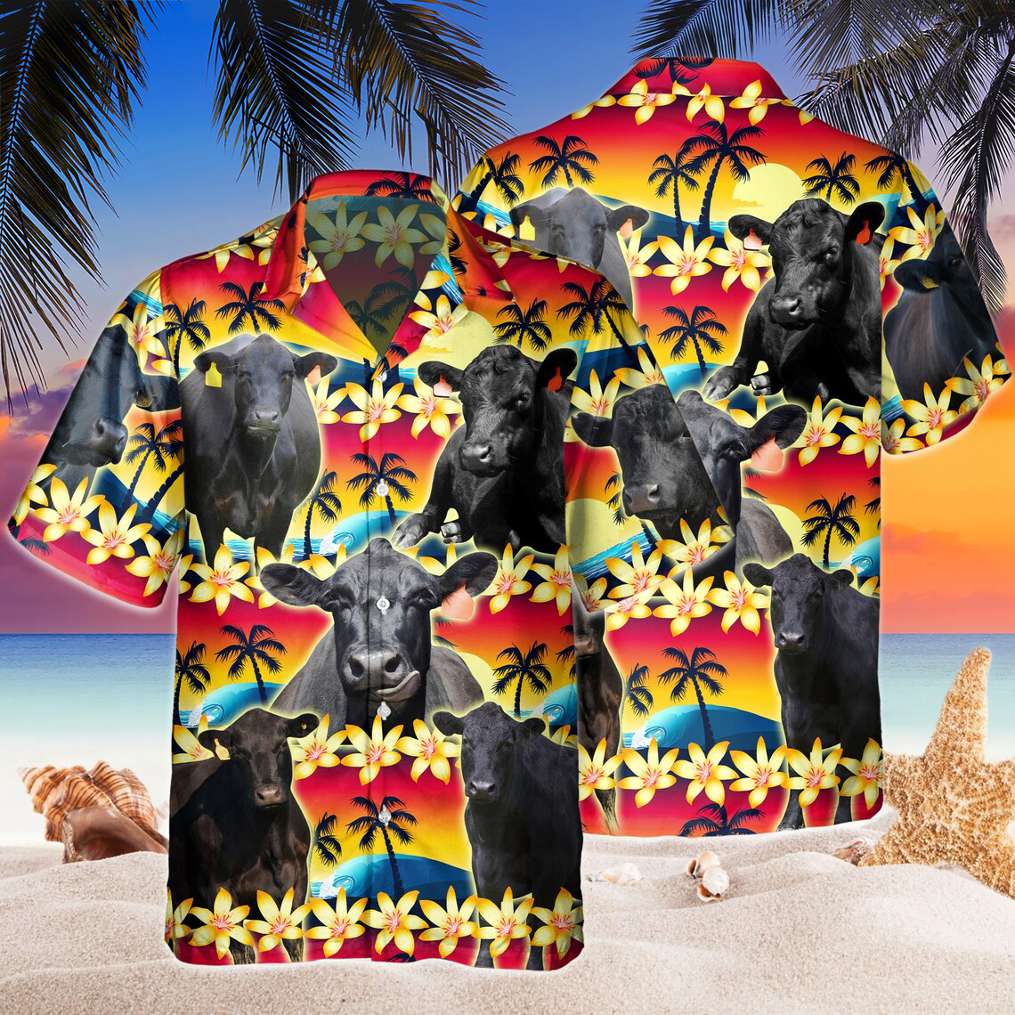 Vintage Black Angus Hawaiian Shirt Tropical Sunset Hibiscus And Palm Tree Hawaiian Shirt