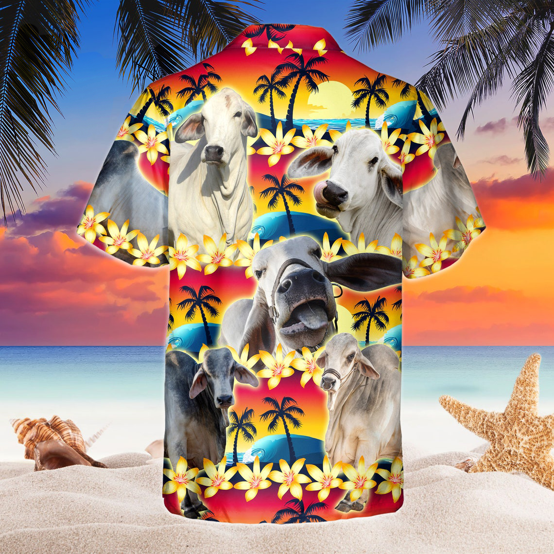 Vintage Brahman Hawaiian Shirt Tropical Sunset Hibiscus And Palm Tree Hawaii Shirt