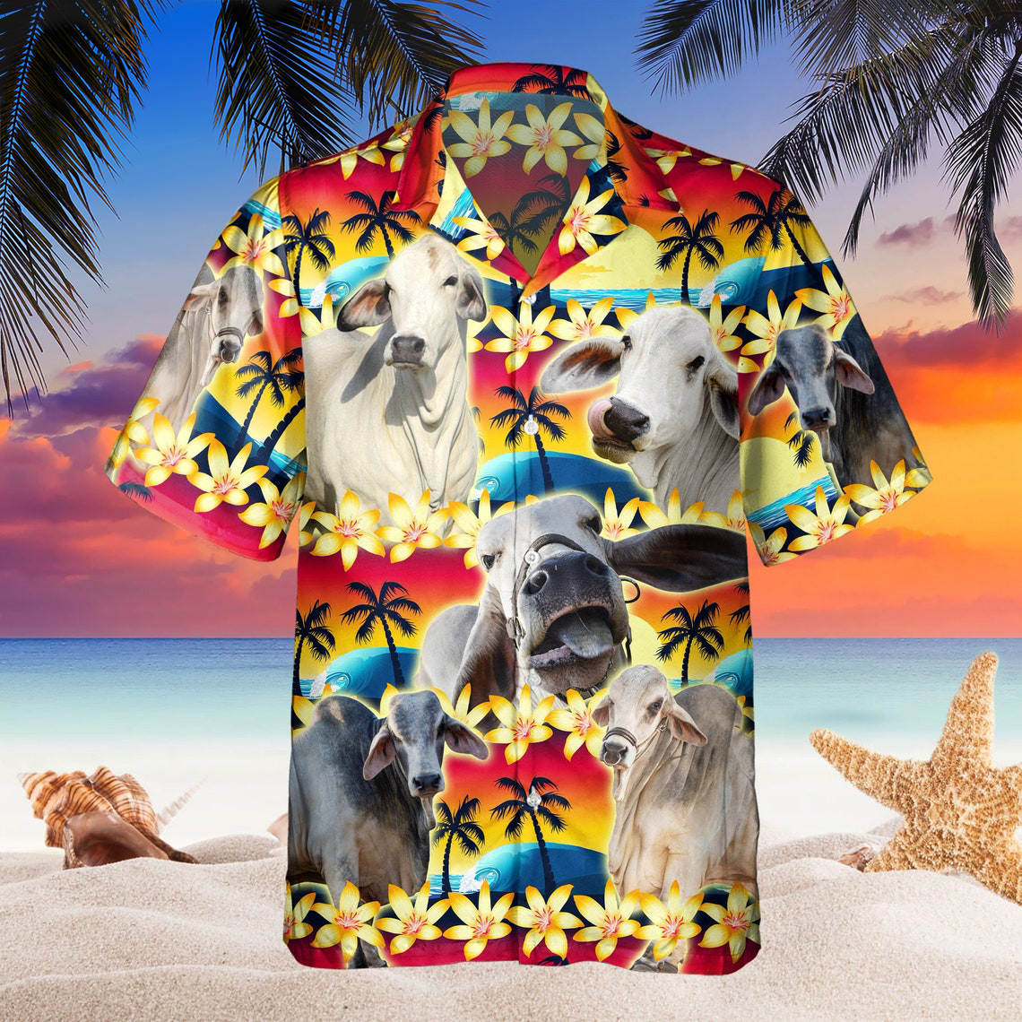 Vintage Brahman Hawaiian Shirt Tropical Sunset Hibiscus And Palm Tree Hawaii Shirt