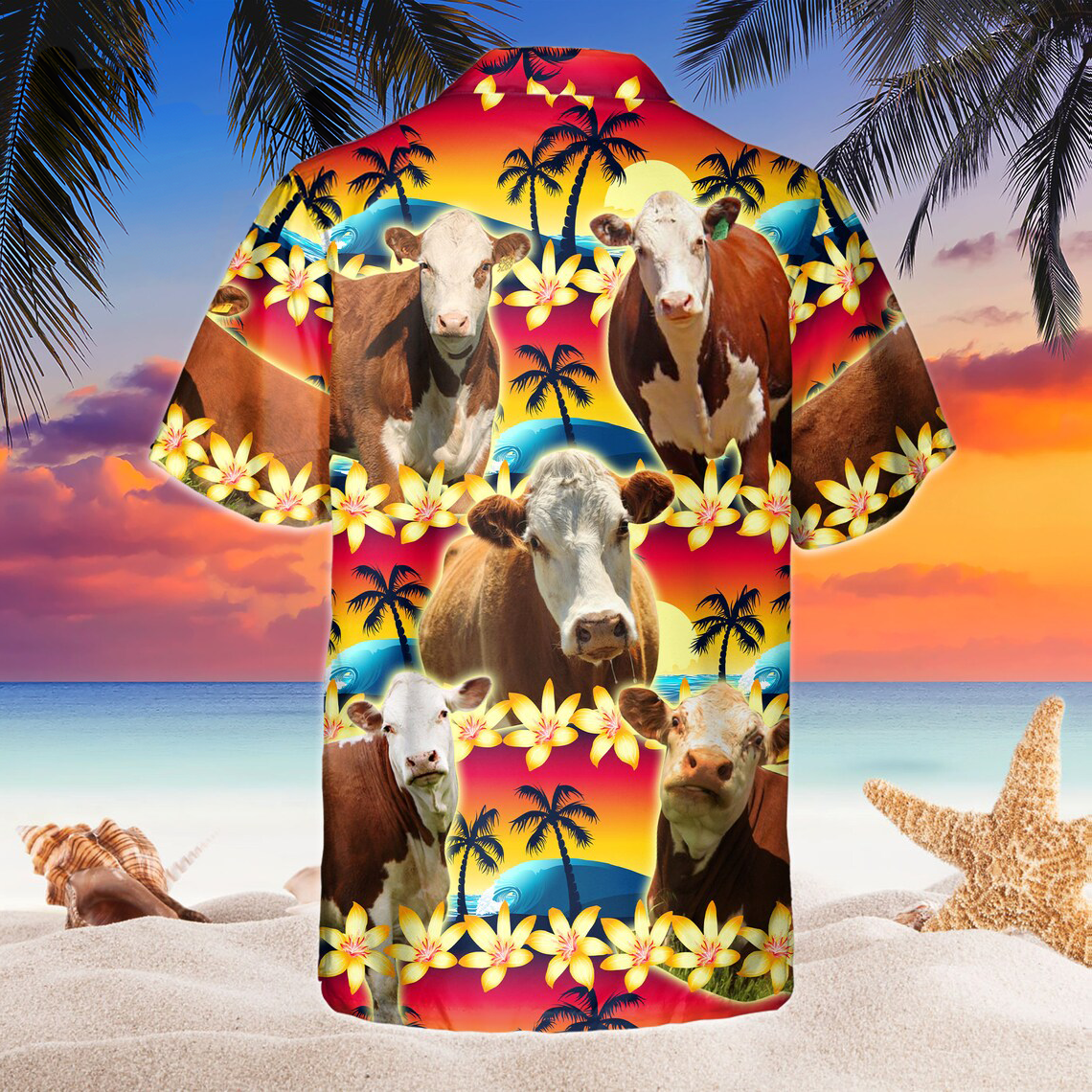 Vintage Hereford Tropical Sunset Hibiscus And Palm Tree Hawaiian Shirt Farm Aloha Beach Shirt