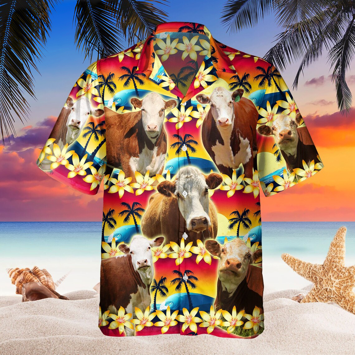 Vintage Hereford Tropical Sunset Hibiscus And Palm Tree Hawaiian Shirt Farm Aloha Beach Shirt
