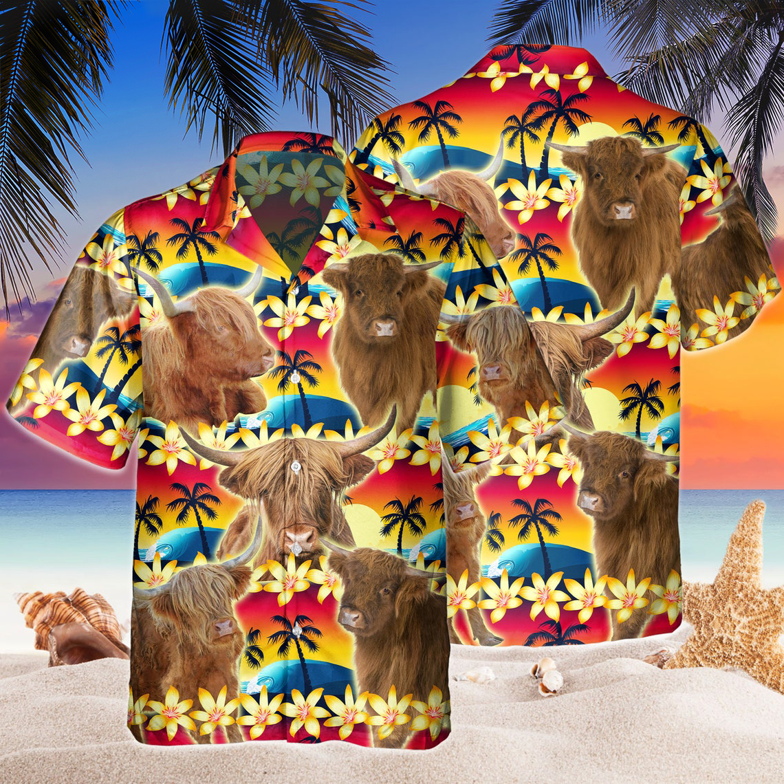 Vintage Highland Tropical Sunset Hibiscus And Palm Tree 3D Hawaiian Shirt