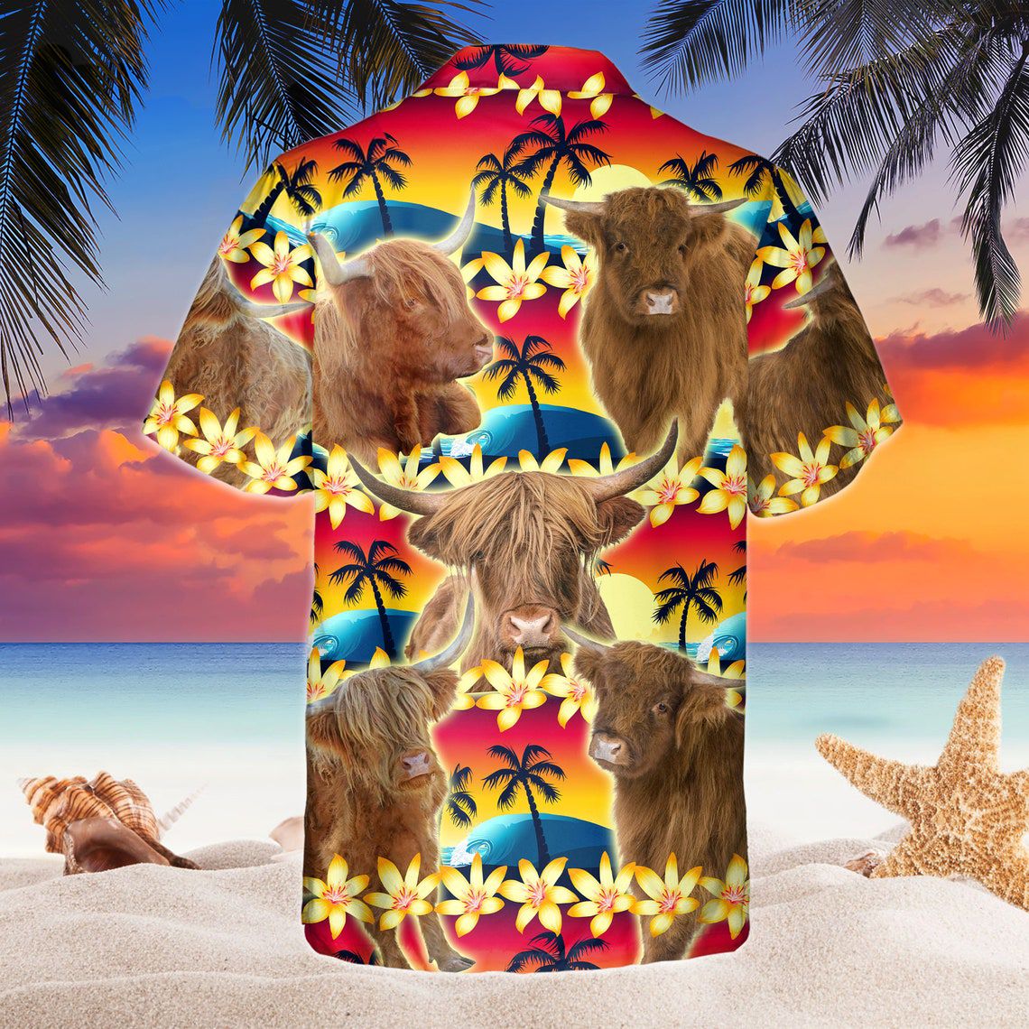 Vintage Highland Tropical Sunset Hibiscus And Palm Tree 3D Hawaiian Shirt