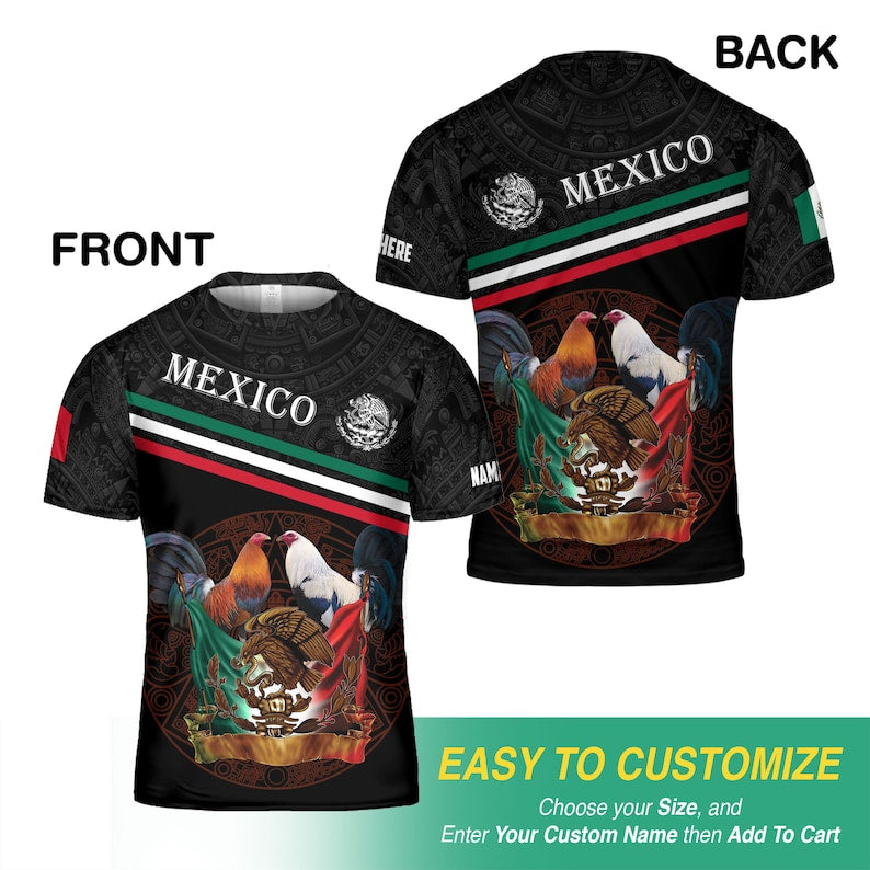 Customized Mexican T-Shirt/ Mexican Rooster T-Shirt Unisex 3D/ Custom Name Mexican Shirt/ Patriotic Mexico Heritage All Over Printed Hoodie