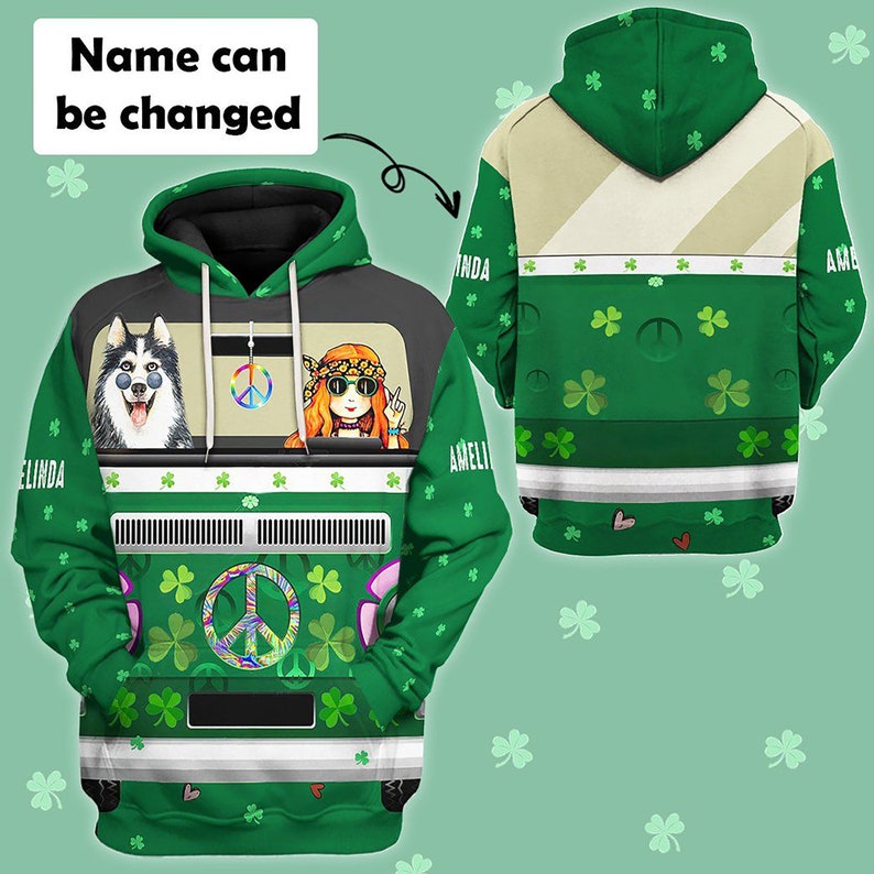 3D St Patrick''s Day Husky Hippie Custom Name Hoodie FullSize