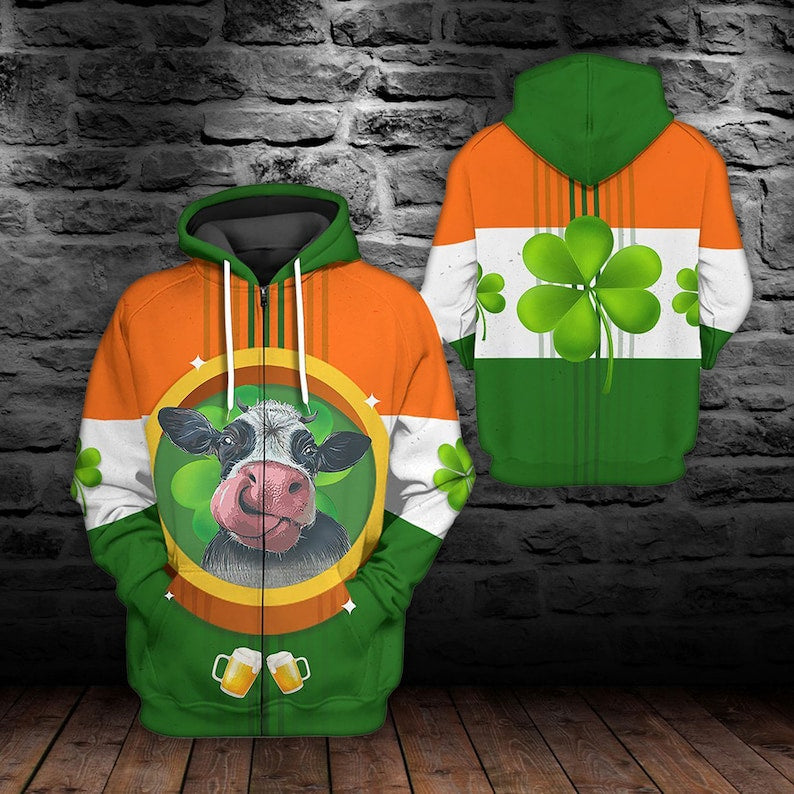3D St Patrick''s Day Smile Cow Hoodie Shirt For Men Women