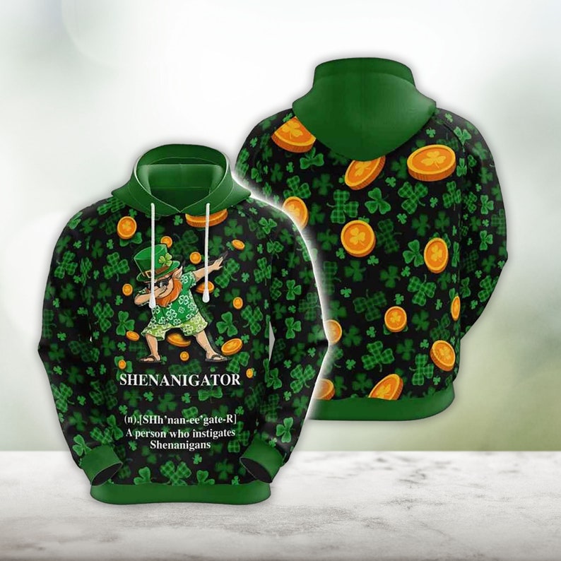 St Patrick''s Day 3D All Over Print Hoodie/ Shenanigator Defined With Lucky Shamrock and Gold Coin