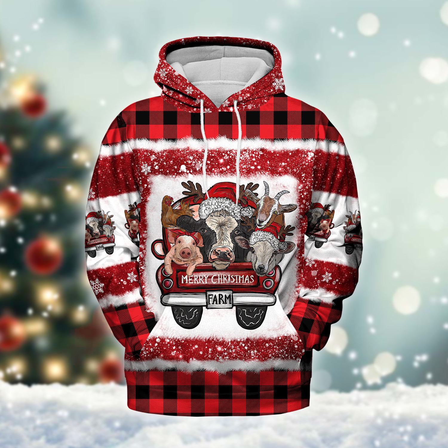 Farm Animals On Red Truck Christmas Hoodie Pullover