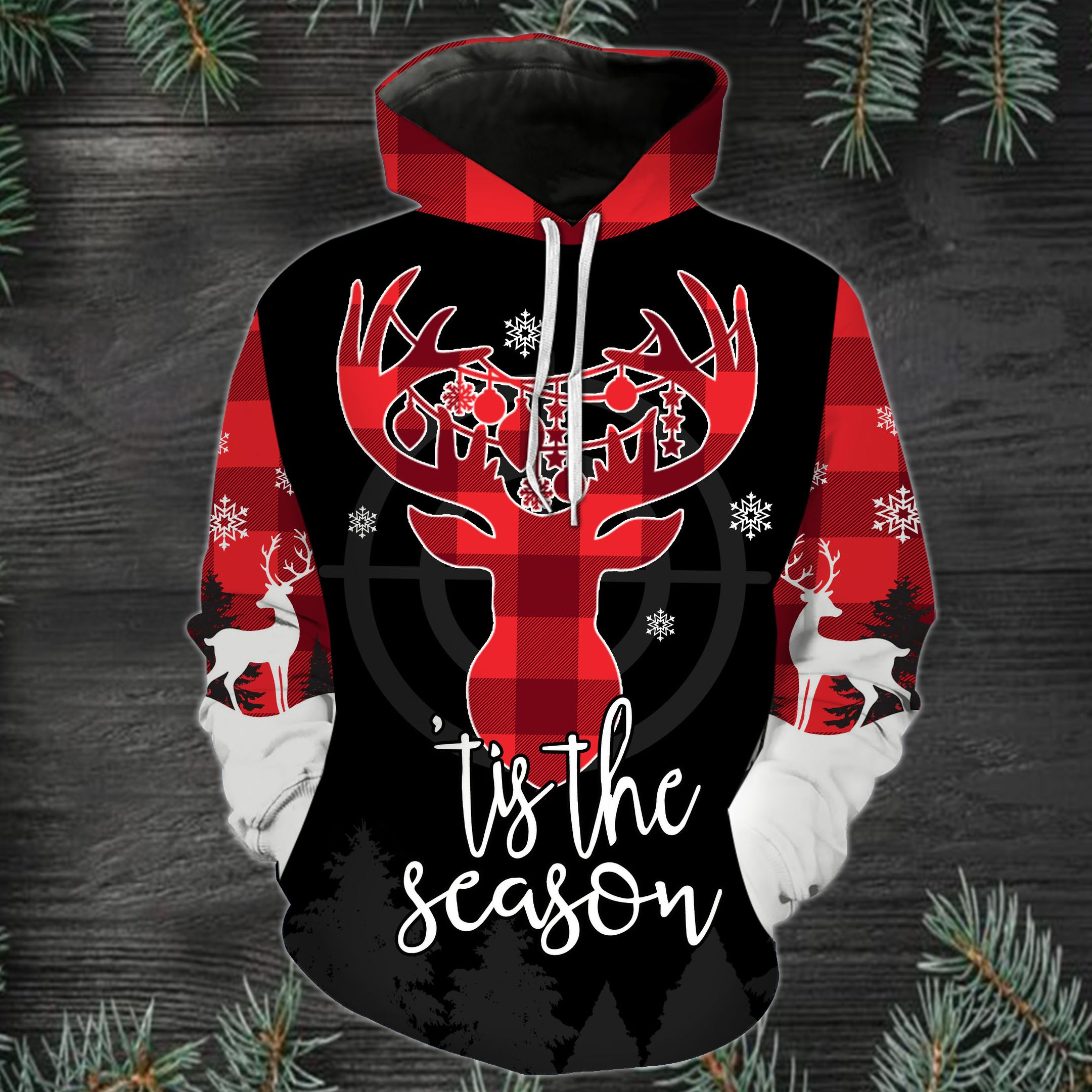 Tis The Season Deer Christmas Red Plaid Hoodie