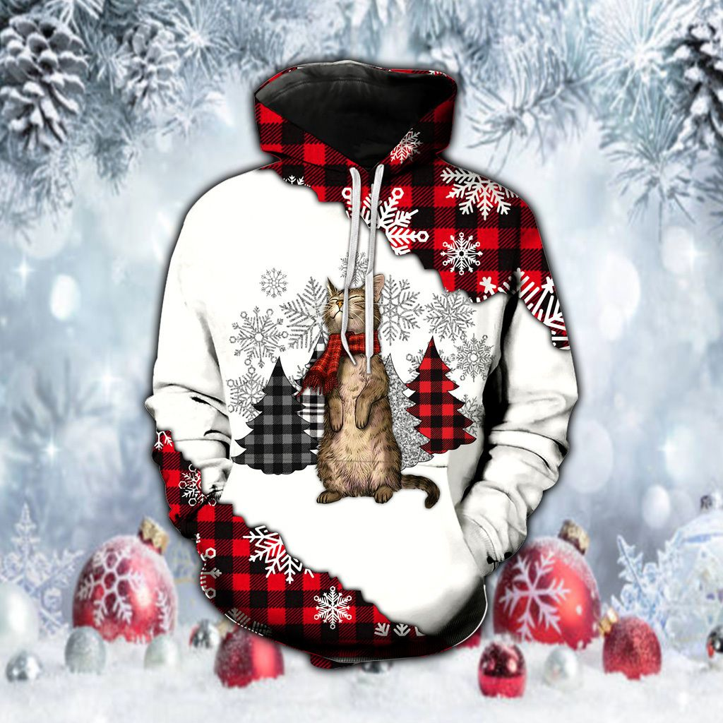 Winter Breeze Cat Christmas Tree Plaid Hoodie Pull Over
