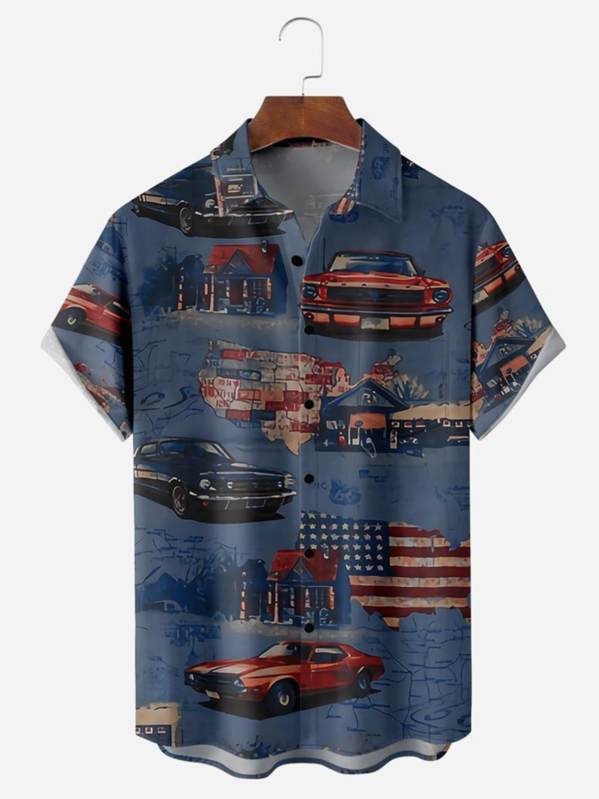 American Flag Car Chest Pocket Men''s hawaiian Shirts
