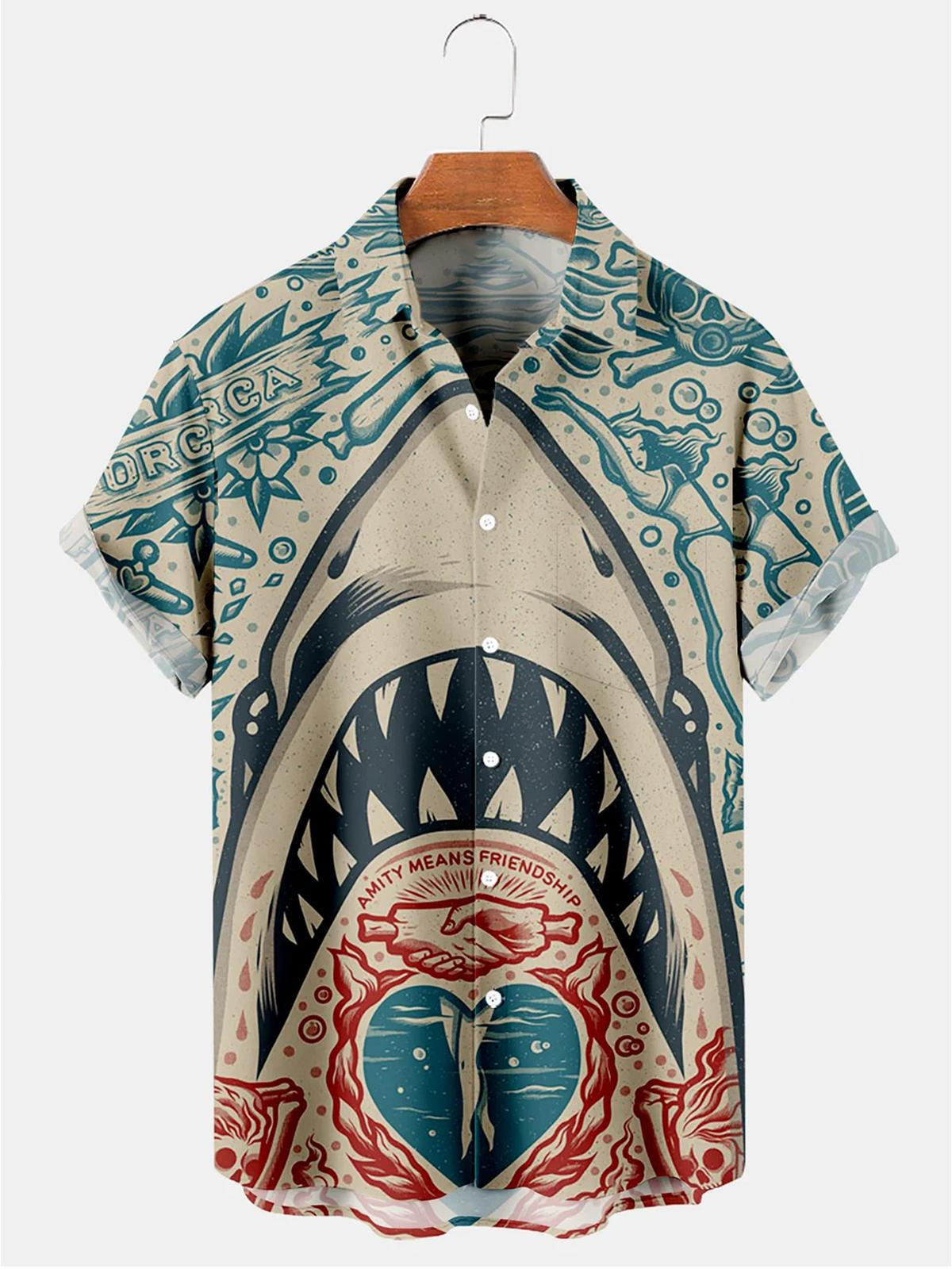Hawaiian Vintage Shark Print Men''s hawaiian Shirt/ independence day hawaiian shirt