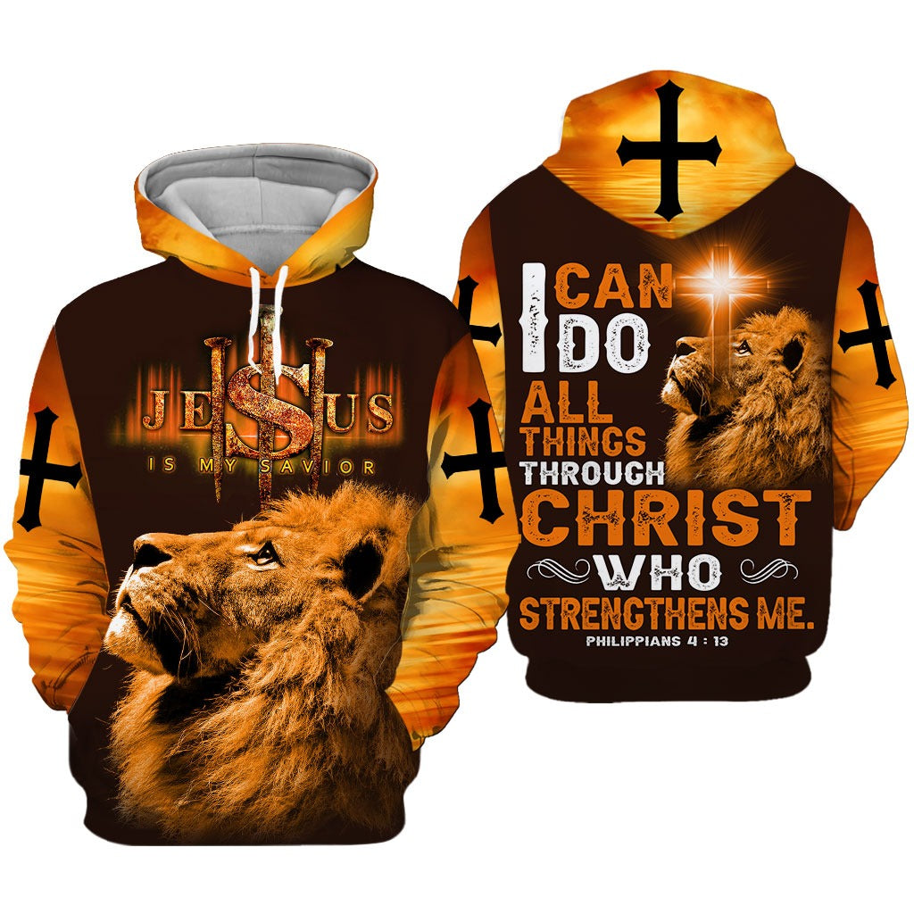 3D All Over Print Jesus And Lion Hoodie Tshirt For Men And Woman I Can Do All Things Through Christ Who Strengthens Me