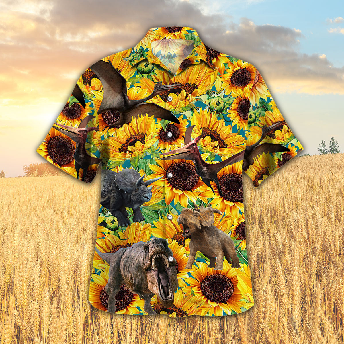 Sunflower Dinosaur Hawaiian Shirt