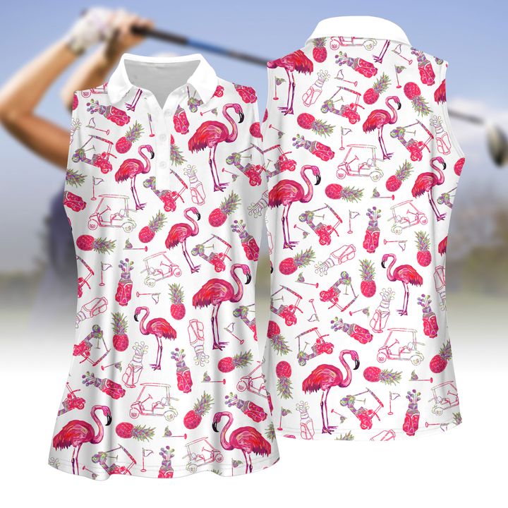 Flamingo And Golf Summer Pattern Women Golf Apparels/ Golf Shirts for Women Sleeveless with Collar/ Ladies Sleeveless Golf Shirt