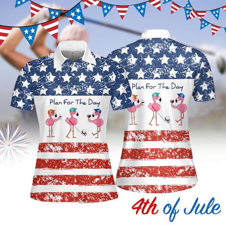 Plan For The Day Drink Wine Flamingo American Flag Women Golf Apparels/ Women Short Sleeve Polo Shirt/ Sleeveless Polo Shirt