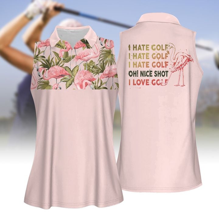 I Hate Golf Flamingo Pattern Women Golf Apparel/ Women Short Sleeve Polo Shirt/ Sleeveless Polo Shirt