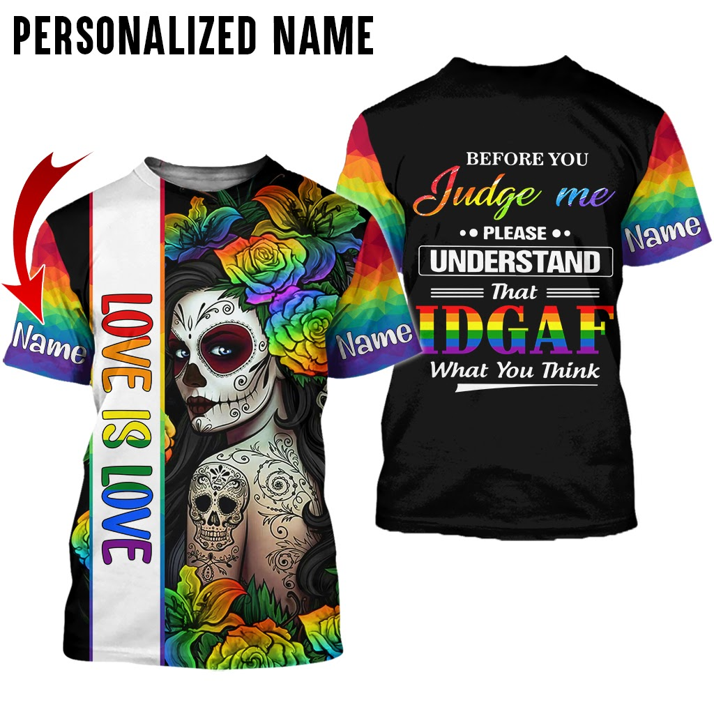 Personalized Skull LGBT 3D Shirt Love Is Love In Rainbow FLower Background/ Pride Month 3D Shirt