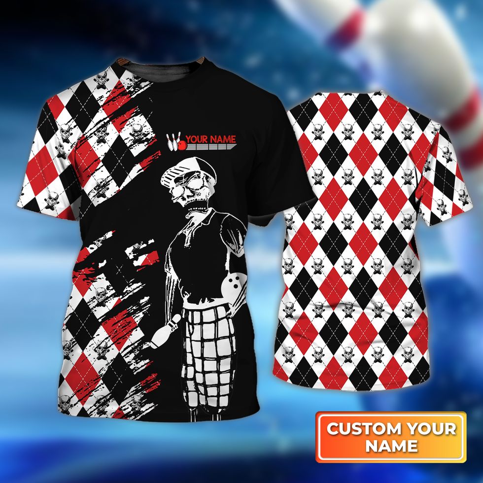 3D All Over Print Skull Bowling Shirt/ Personalized Name Pattern Red and Black Shirt/ Uniform Bowling Team