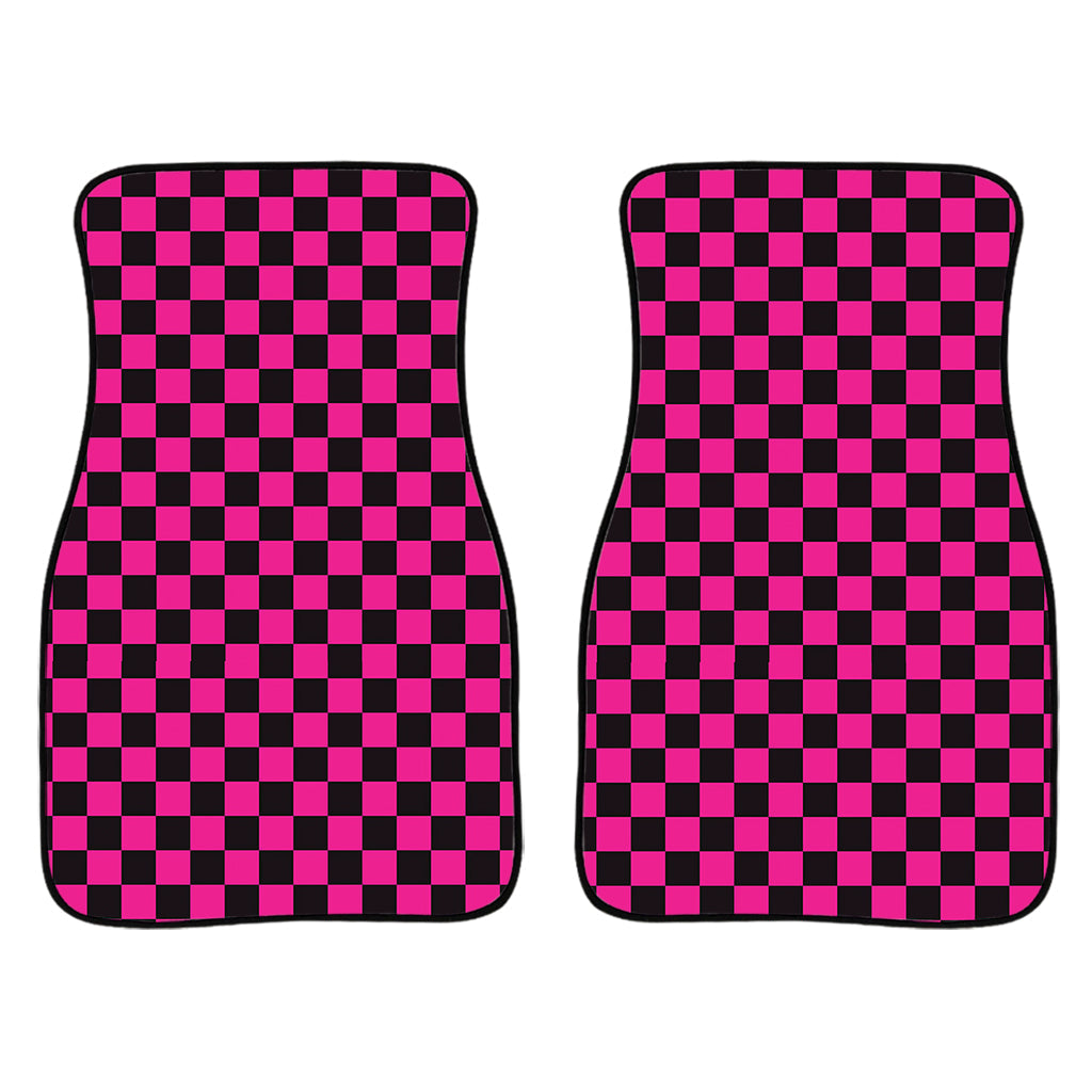 Magenta Pink And Black Checkered Print Front And Back Car Floor Mats/ Front Car Mat