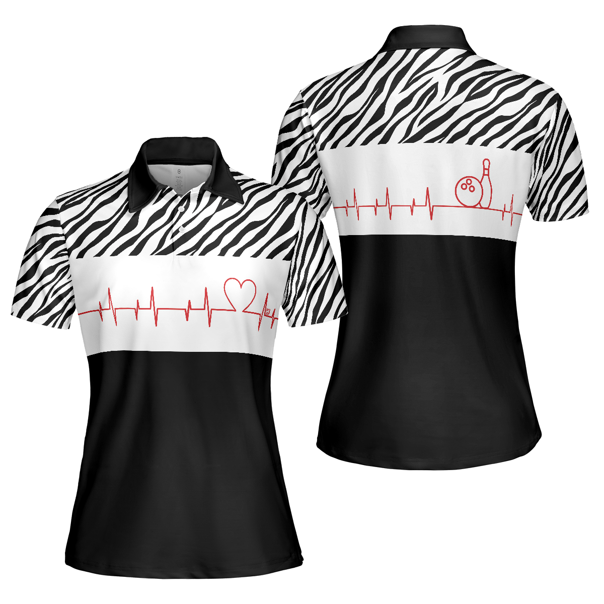 Bowling Heartbeat Zebra Pattern Short Sleeve Women Polo Shirt/ Bowling Shirt For Ladies/ Bowling Shirt Idea