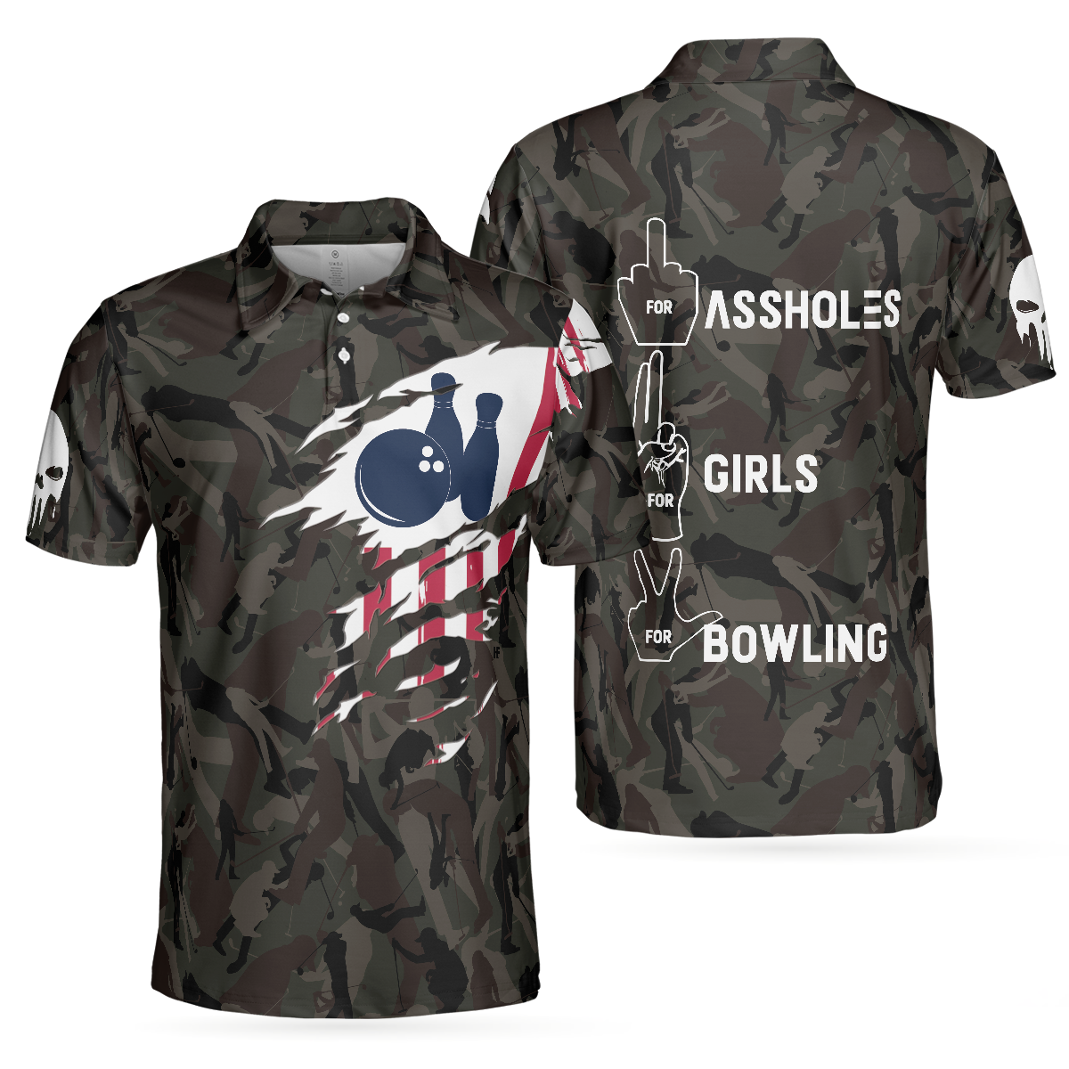 Hand Instruction For Girl And Bowling American Flag Polo Shirt/ Funny Hand Signs Camouflaged Bowling Polo Shirt For Men