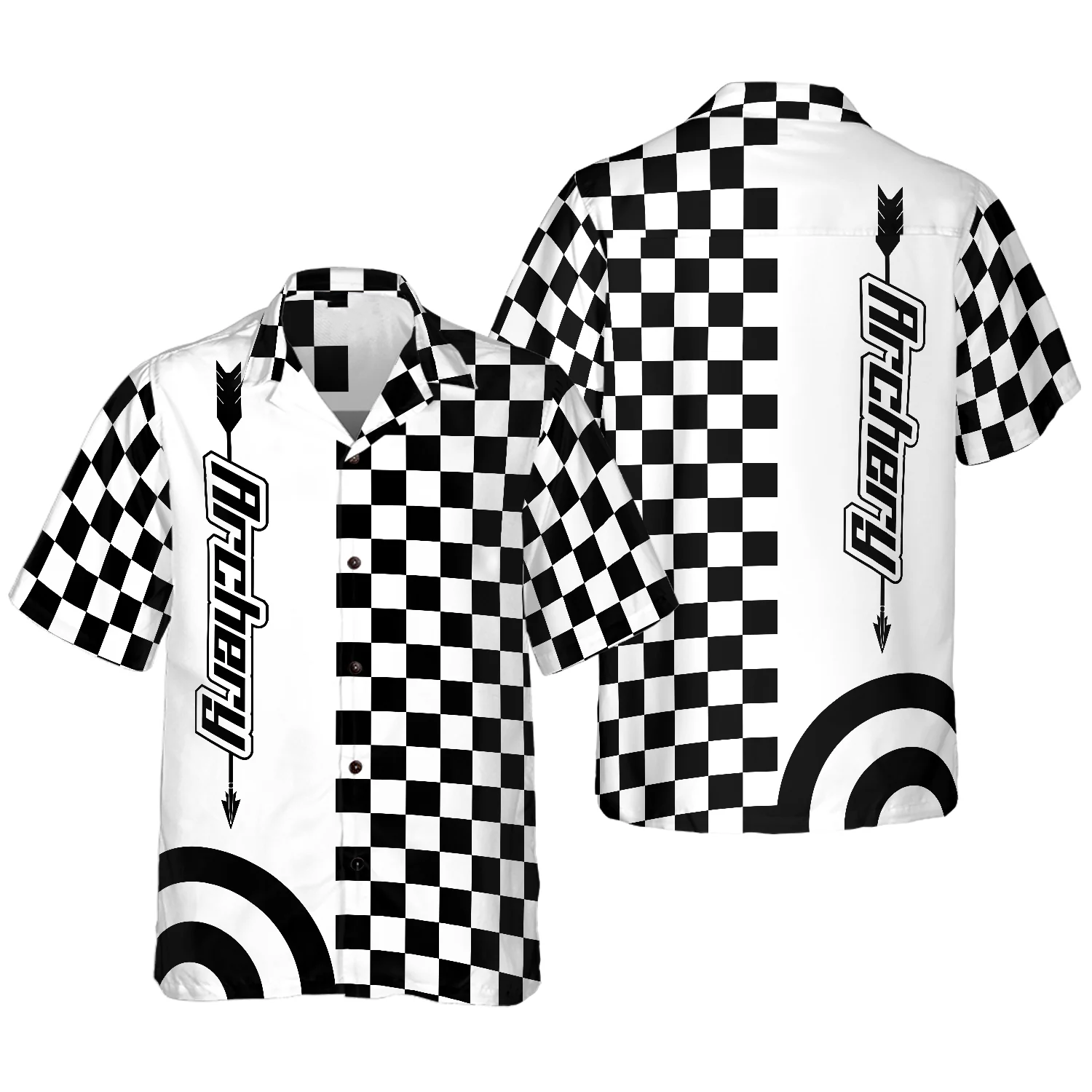 Checkerboard Style Archery Hawaiian Shirt/ Black and White Pattern Archery Shirt/ Gift for Archer